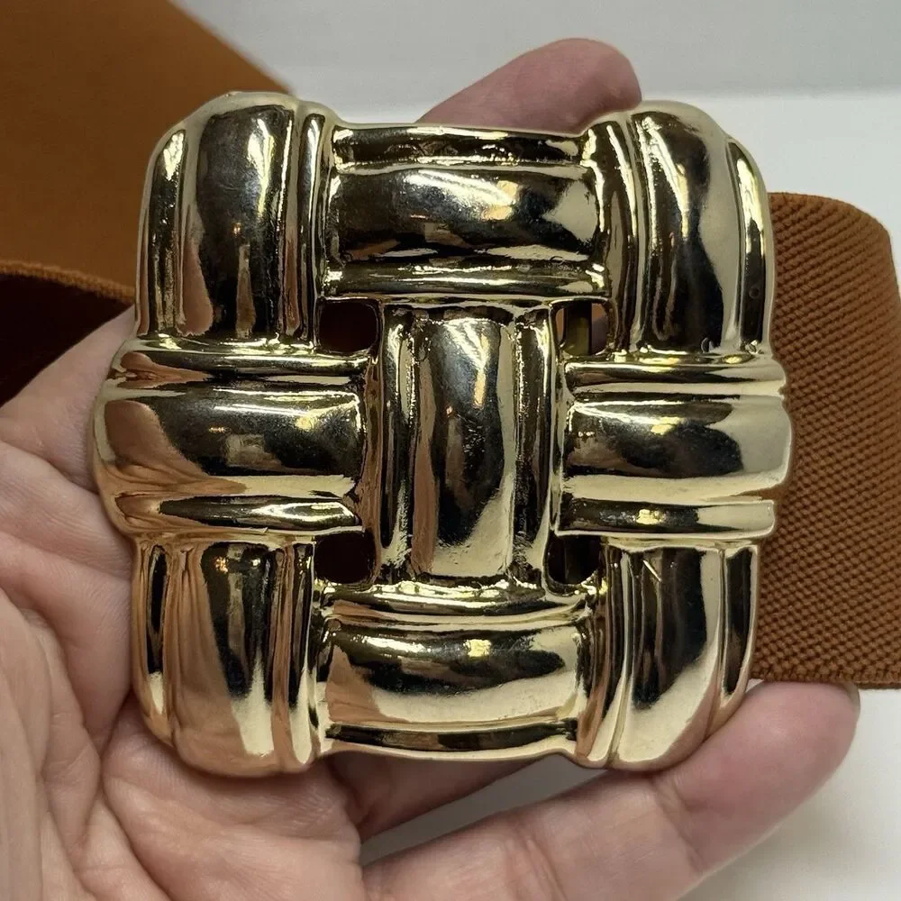 Vintage Skaffles Gold Tone Metal Braided Design Terra Cotta Color Elastic Belt